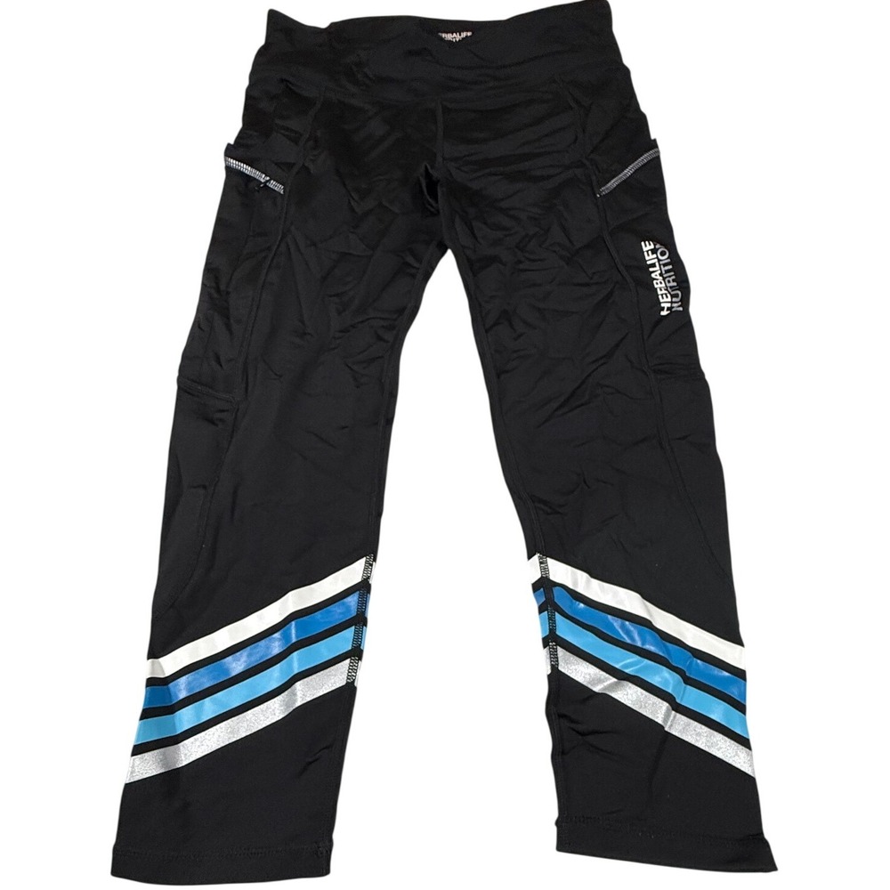 Herbalife Nutrition Women's S‎ Black Blue Stripe Capri Leggings Zip Pockets